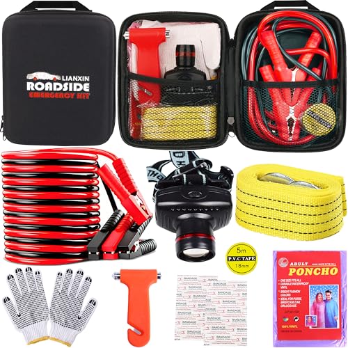 Car Roadside Emergency Kit with Jumper Cables and Safety Tools