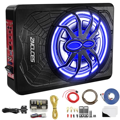 10" 1200W Slim Under-Seat Powered Car Subwoofer with Built-in Amplifier and Blue LED Light
