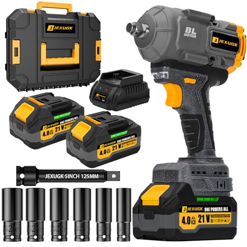 JEXUGK 1500Nm Cordless 1/2" Impact Wrench with High Capacity Batteries and Socket Set