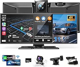 11.5" Wireless Carplay Screen for Car, Portable Apple Carplay & Android Auto Touch Screen, 4K Dash Cam/App Control/Backup Camera/Mirror Link/Voice Control/GPS/Bluetooth,for All Vehicles
