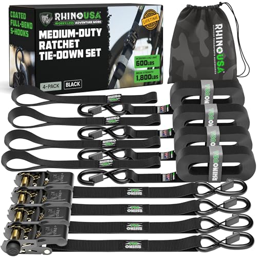 Rhino USA Ratchet Tie Down Straps ,  4 Pack, 1 Inch x 15 Feet, 1823 lb Break Strength