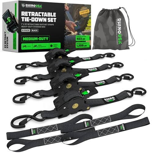 Rhino USA Retractable Ratchet Tie Down Straps - 1" x 10' (4-Pack)
