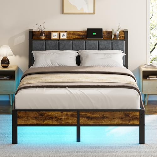 Full Size Bed Frame with LED Lights and Charging Headboard