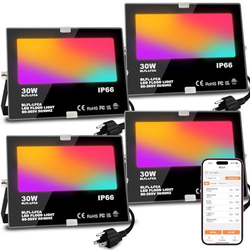30W Outdoor Smart RGB LED Flood Light with APP Control, Color Changing, and Warm White 2700K