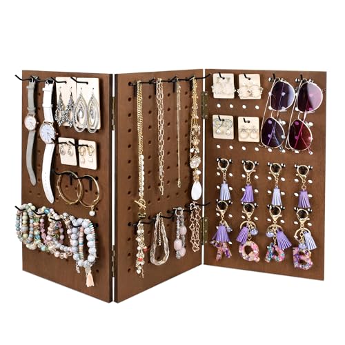 Wall-Mountable Wooden Foldable 3-Panel Jewelry Display Organizer