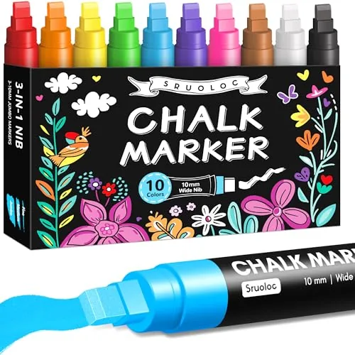 SRUOLOC Jumbo Chalk Markers 10-Color 10mm 3-in-1 Nib Set