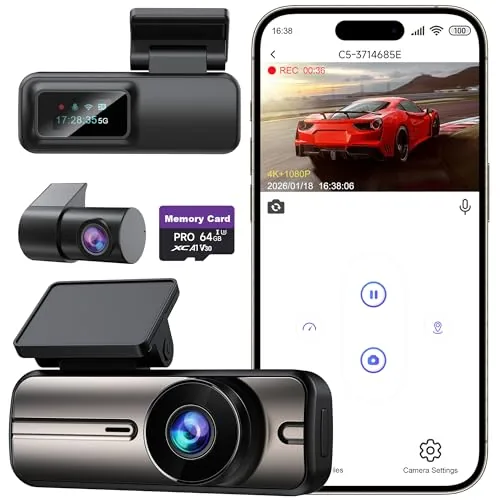 WOOLAACOO C5 Dual Dash Cam 4K+1080P with 64GB Card