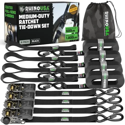 Rhino USA 1in x 15ft Ratchet Straps 4-Pack S Hooks