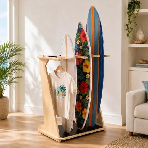 Leinuosen 4-Board Vertical Wood Surfboard Rack Stand
